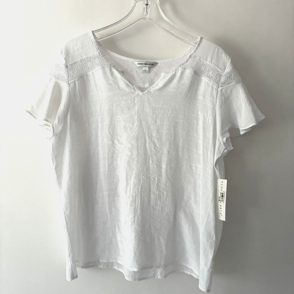 Counterparts Blouse White Sz Large Lace Trim Blouse Boho Prairie Flutter Sleeve